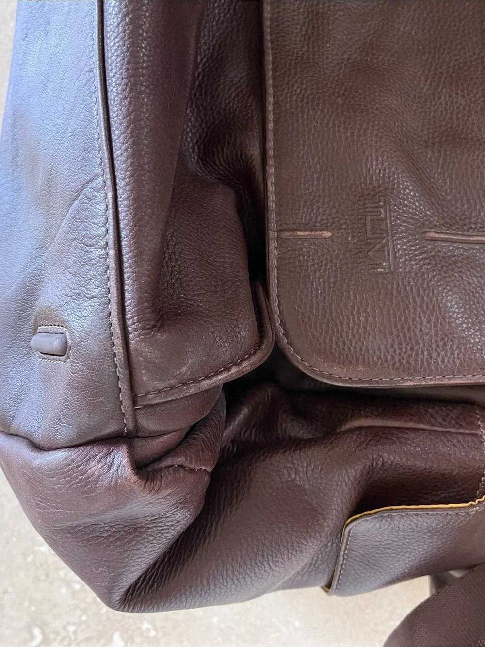 Tumi Dark Brown Leather Duffel Bag with Adjustable Strap
